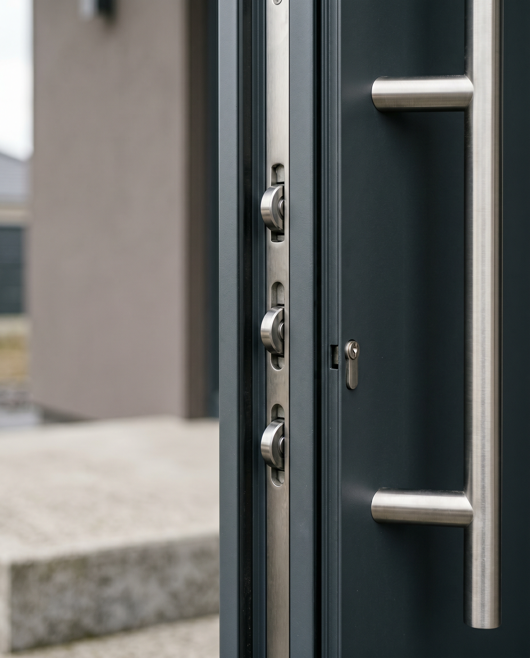 Aluminium-Haustür im Detail — präzise Verriegelungstechnik