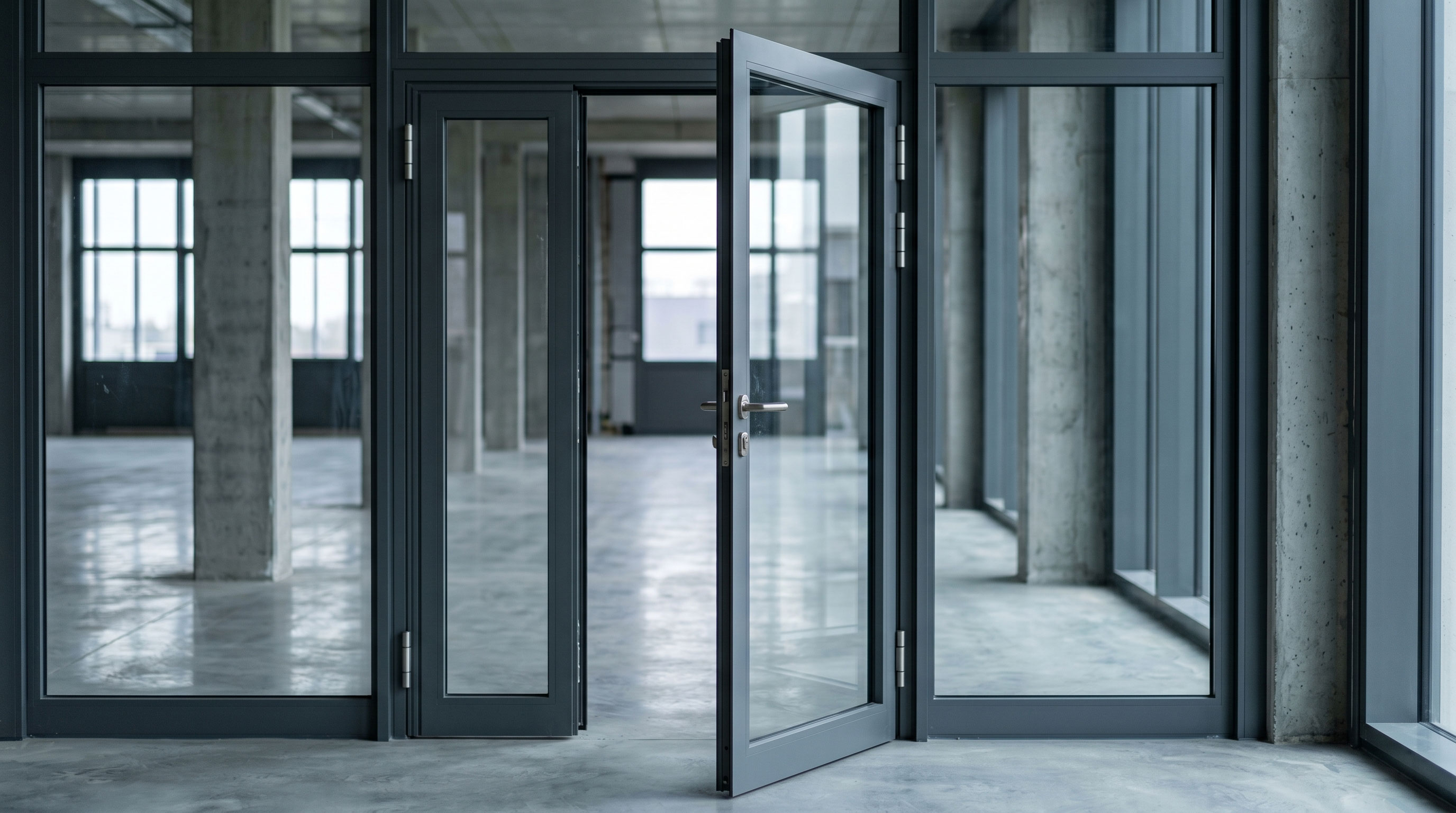 Rohrrahmentüren mit Glasfüllung in einem modernen Bürogebäude